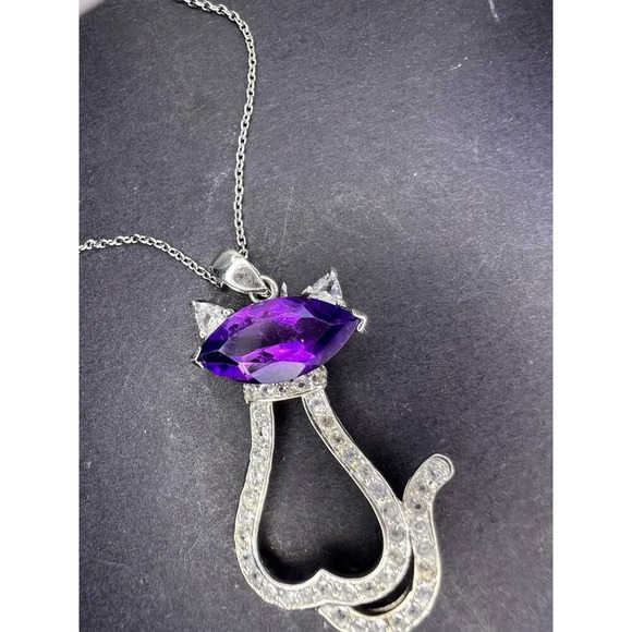 Amethyst white topaz Rhodium Over Silver Cat Pendant Chain 3.40ctw - Picture 5 of 11